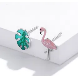 925 sterling silver earrings - pink flamingo / green leafEarrings