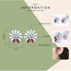 White daisy / crystal ladybug earrings - 925 sterling silverEarrings