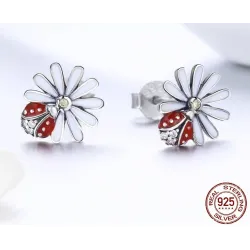 White daisy / crystal ladybug earrings - 925 sterling silverEarrings