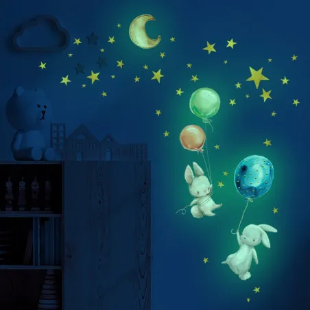 Luminous wall sticker - kids bedroom wallpaper - bunny / moon / balloons / starsWall stickers