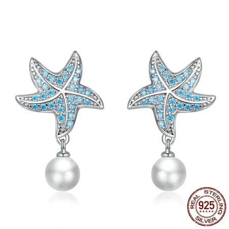 Blue zircon starfish earrings - with pearl - 925 sterling silverEarrings