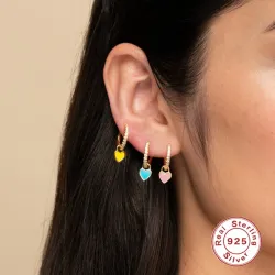 Round golden earrings with crystals / hanging heart - 925 sterling silverEarrings