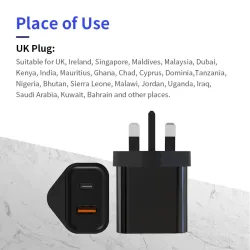 Wall charger - UK plug - type-C / USB dual ports - PD - fast charging - 20WChargers
