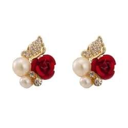 Elegant stud earrings - red rose / pearls / butterfly - crystalsEarrings