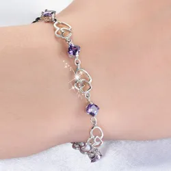 Elegant bracelet - purple crystals / hearts - 925 sterling silverBracelets