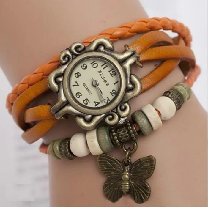 Vintage multi layer bracelet - with Quartz watch - beads / butterflyBracelets