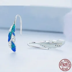 Elegant jewellery set - earrings - ring - blue-green feather with crystals - 925 sterling silverEarrings