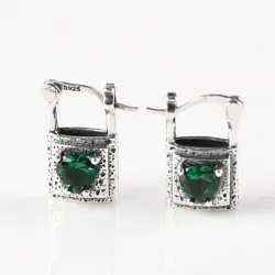Silver lock / green crystal heart - silver earringsEarrings