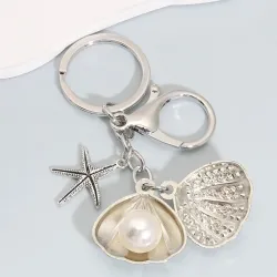 Fashion pearl starfish shell alloy keychain silver color sea key chains for making handmade DIY jewelry accessories findingsK...