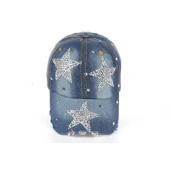 Fashionable cotton / jeans baseball cap with rhinestones starsHats & Caps