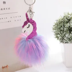 Unicorn & furry pom pom keychain - keyringKeyrings