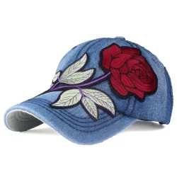Jeans baseball cap with red roseHats & Caps
