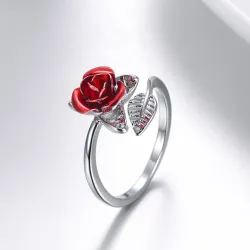 Gold & silver ring with red rose - adjustableRings