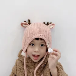 Winter hat with small reindeers horns & ears - knitted hat for kidsHats & caps